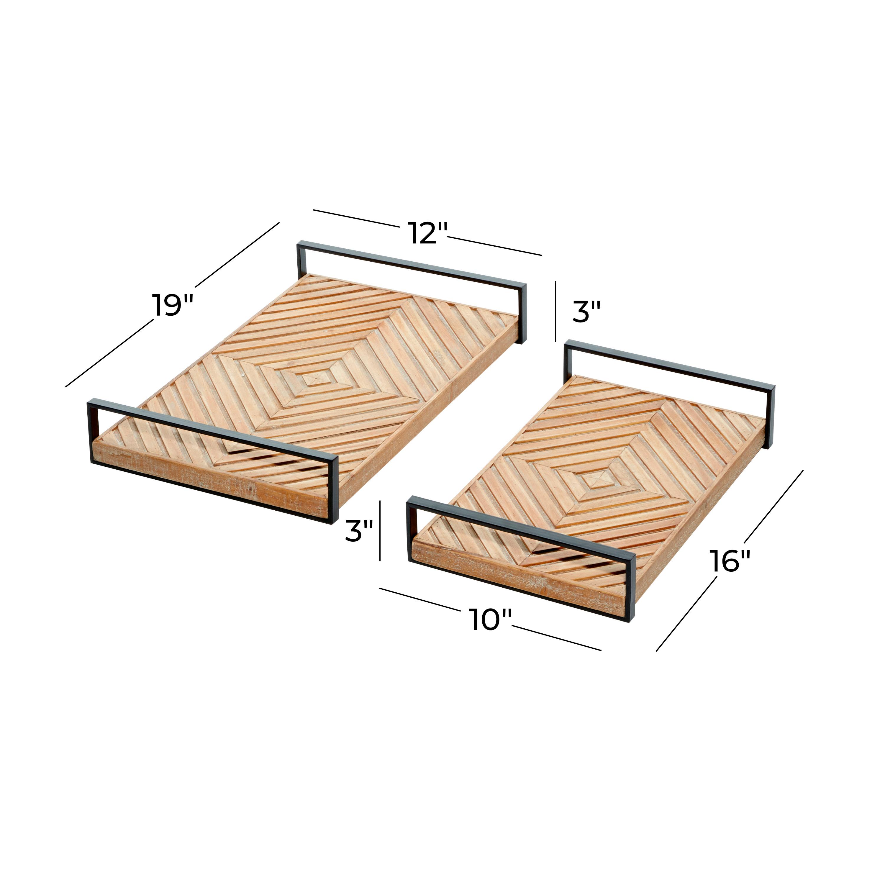 Deco 79 Set Of 2 Blue Wood Trays With Pearl Mosaic Inlay & Slot Handles - Coastal Home Decor