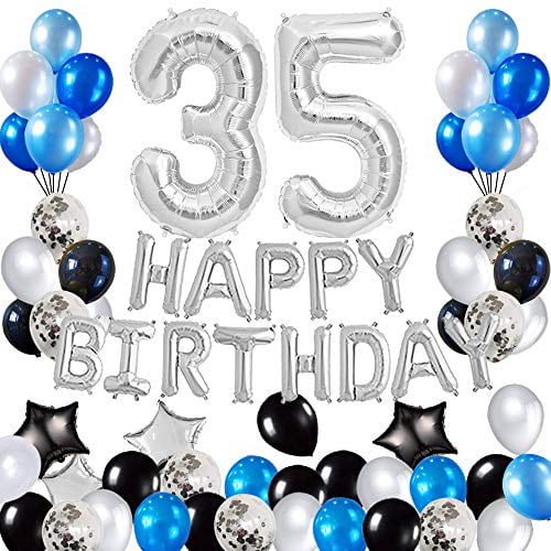 Silver Happy Birthday Banner,Foil Number Balloons Latex Balloons and More for 35 Years Old Brithday Party Supplies Blue and Silver 35th Birthday Party Decorations Set