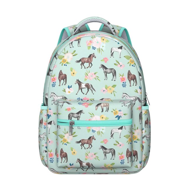 Wild Horse and Foal Pattern Student School Backpack with Floral Retro Rural Cute Rainbow Print Design