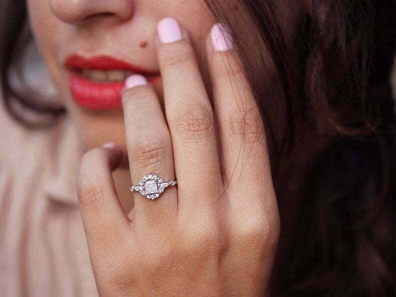 HeartsAndYou 1.5ct Princess Cut Moissanite Engagement Ring for Women Halo Cluster 18k White Gold Over Silver