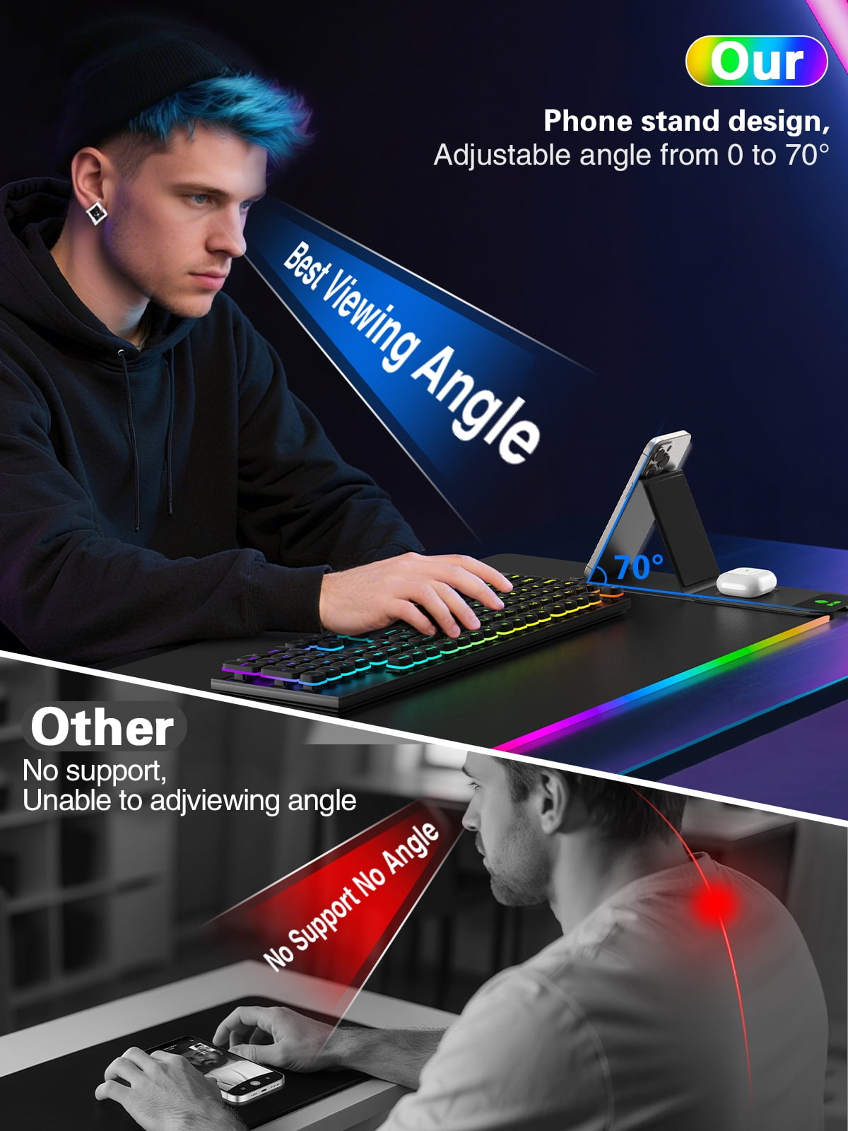 Miroddi Wireless Charging RGB Mouse Pad, 31.5"x15.75" Large Desk Pad Rubber, 15W Fast Charging LED Desk Mat for iPhone Airpods Gaming Home Office