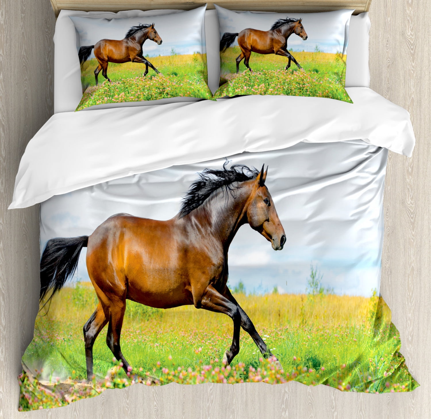 Equestrian Duvet Cover Set Queen Size, Horse Runs Gallop on Flower