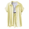 thumbnail image 6 of BLOCLOALO 2 Piece Lounge Set Short Sleeve Collared Shirts Fashionable Casual Solid Color Double Layer Wrinkled Pocket Button Down Shirts Short Matching Sets Women Clothing Soft Lounge Set Beige L, 6 of 9