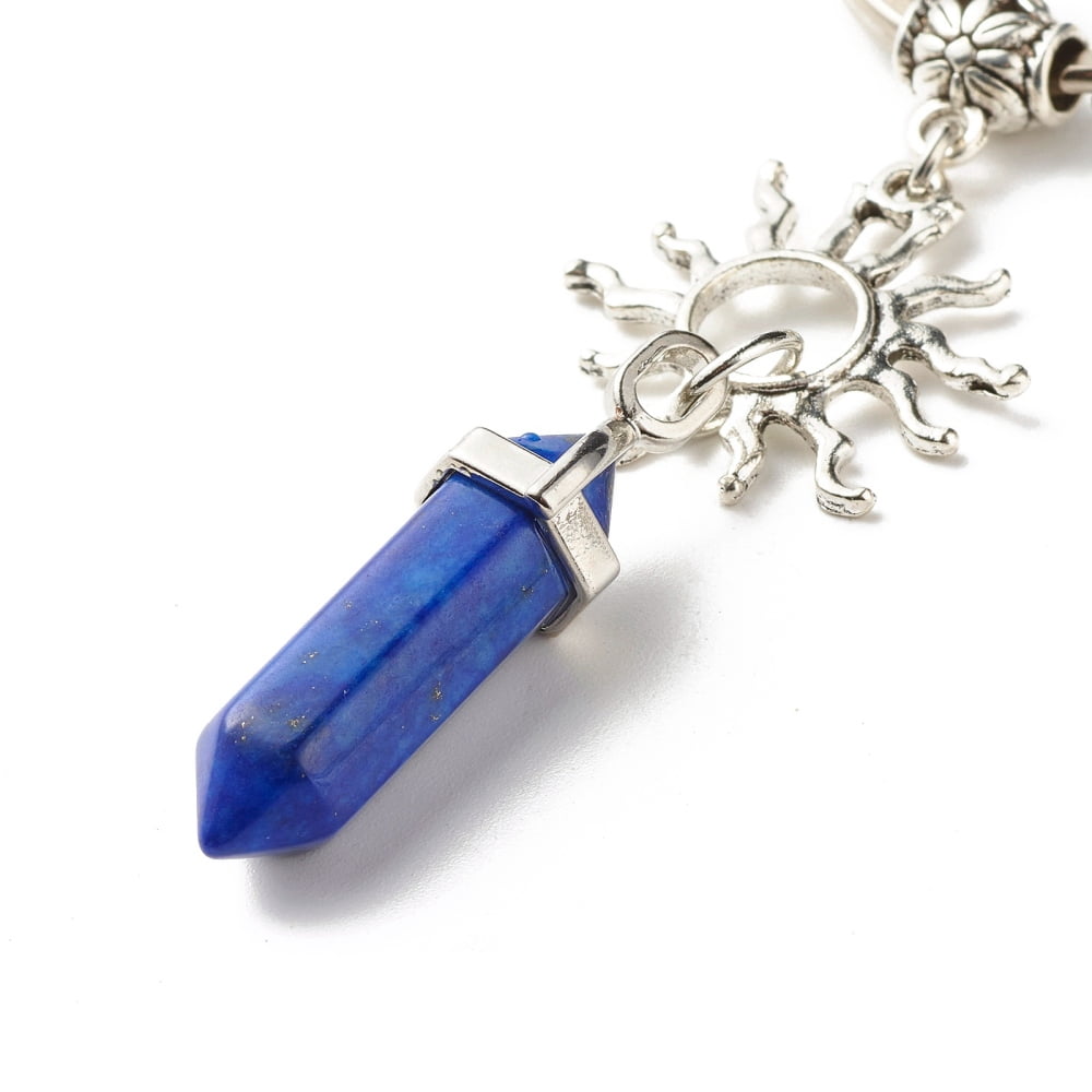 Natural Mixed Gemstone Keychain with Tibetan Style Alloy Pendants Charm Carrier Barrel Tube Bails and Iron Split Key Rings Sun with 9.8cm