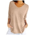 thumbnail image 1 of XDZJLR Women T Shirts Spring Casual 3/4 Sleeve Solid Color V Neck Loose Pullover Knit Fall Sweaters Tees, 1 of 5