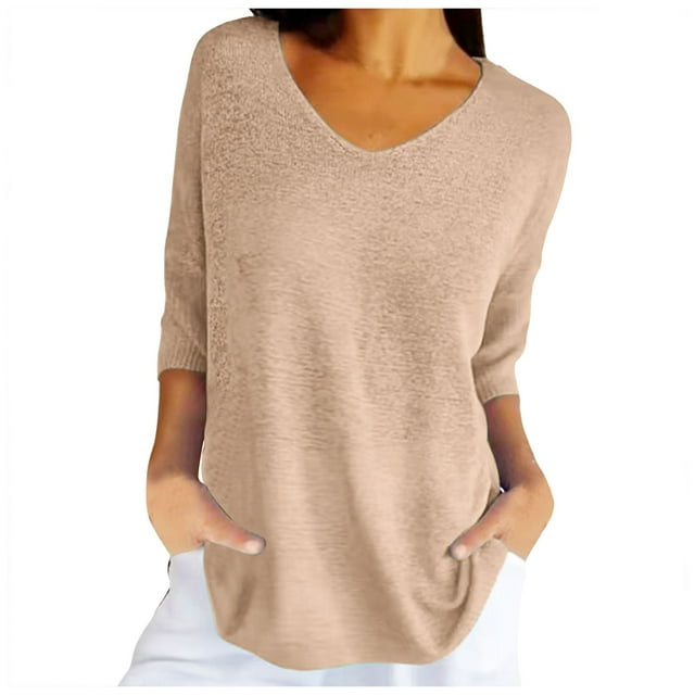 XDZJLR Women T Shirts Spring Casual 3/4 Sleeve Solid Color V Neck Loose Pullover Knit Fall Sweaters Tees
