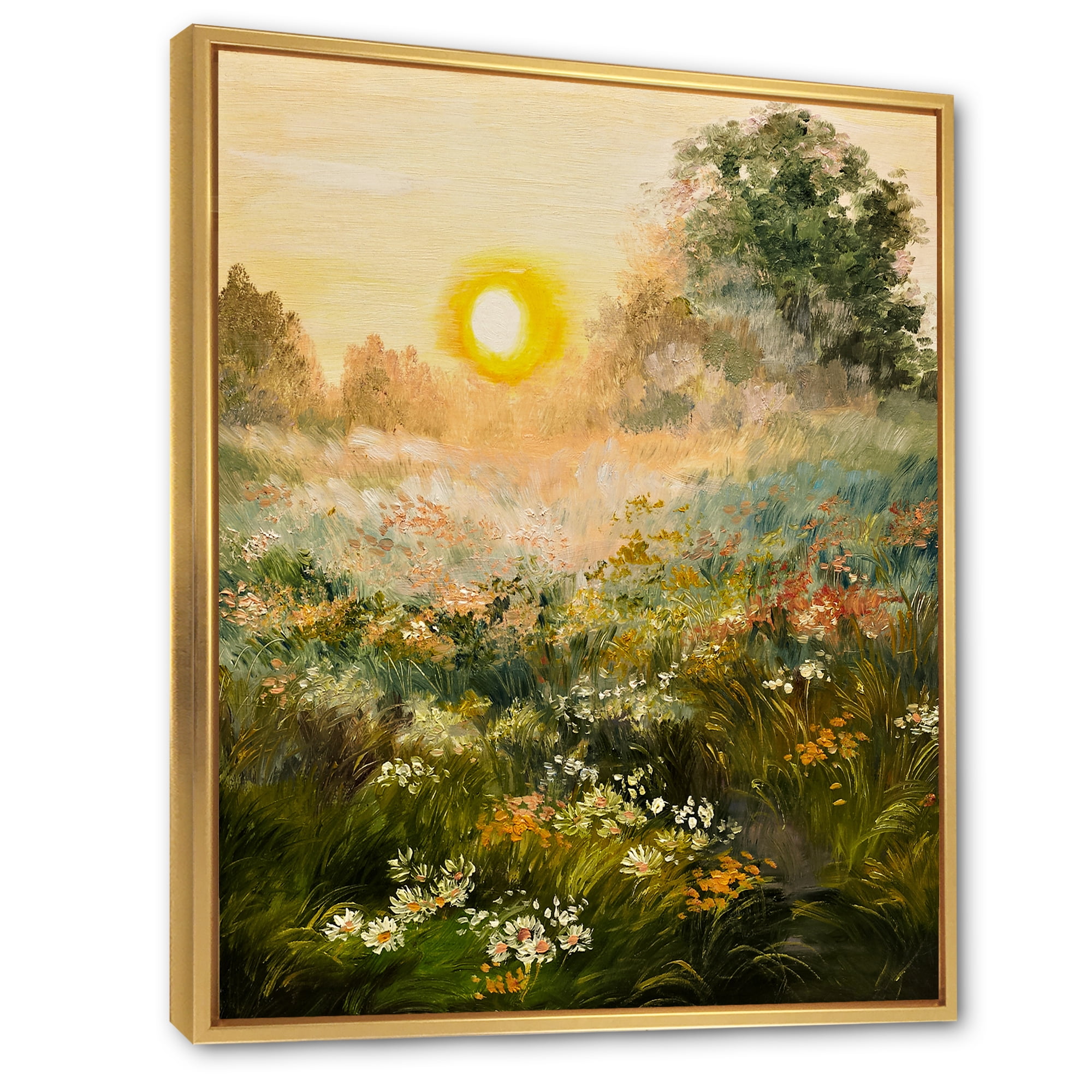 Designart 'The Blossoming Field With Sunrise' Farmhouse Framed Canvas Wall Art Print