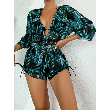 Tropical Leaf Print 3-Piece Bikini: Chic Halter Neck  High-Cut  Lace-Up with Sheer Cover-Up - Durable  Stretchy  & Versatile Swimwear