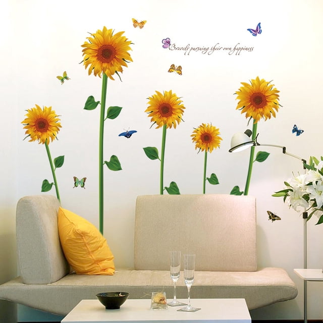 Adhesivos de pared de PVC con girasoles y mariposas, 60 x 90 cm