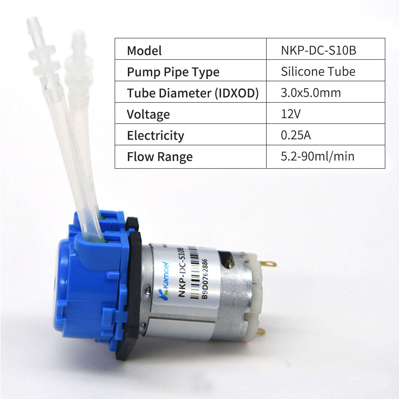 Kamoer Peristaltic Pump Aquarium Liquid Water Pump Flow Adjustable 5.2-90ml/min 12V Dosing Pump for DIY Aquarium Lab Chemical Analysis Dosing Additives 3.0x5.0mm NKP-DC-S10B