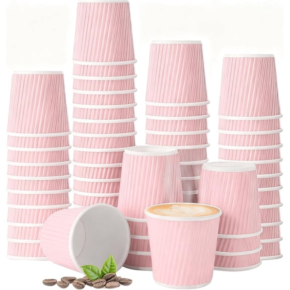 200 Pcs 4oz Paper Espresso Cups Ripple Wall Hot Cups For Pink Disposable Coffee Cup Paper Hot/Cold Drinking Cups for Party, Picnic, Travel and Events