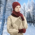 thumbnail image 4 of Winter knitted hat, scarf and touch screen glove neck-warmer, knitted wool lining, unisex - Wine red, 4 of 5