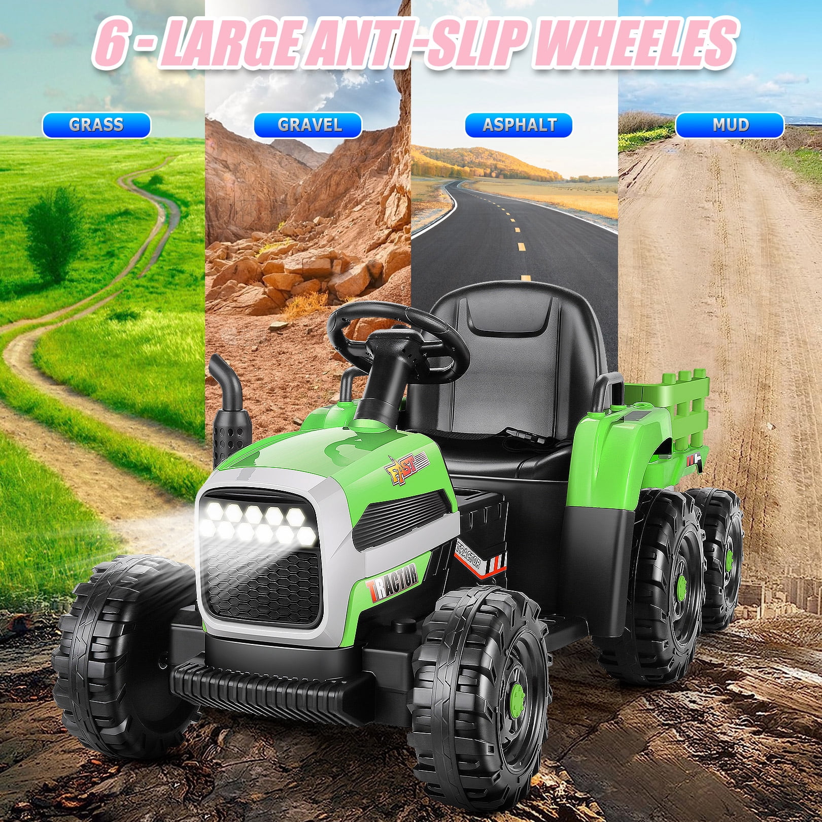 Funcid 12V Kids Ride on Tractor with Trailer 7AH Battery Powered Tractor Electric Car for Toddler, Ride on Toys Motorized Vehicle with Parents Remote Control, Bluetooth, 3 Speeds, 11-LED Lights Green