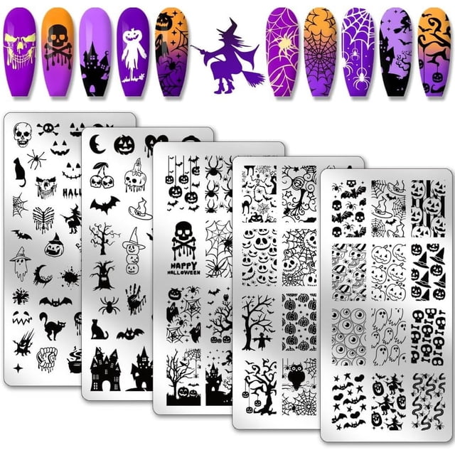 Juego de 5 placas para estampar uñas con diseño de calabaza. Plantillas de acero inoxidable para estampar uñas.