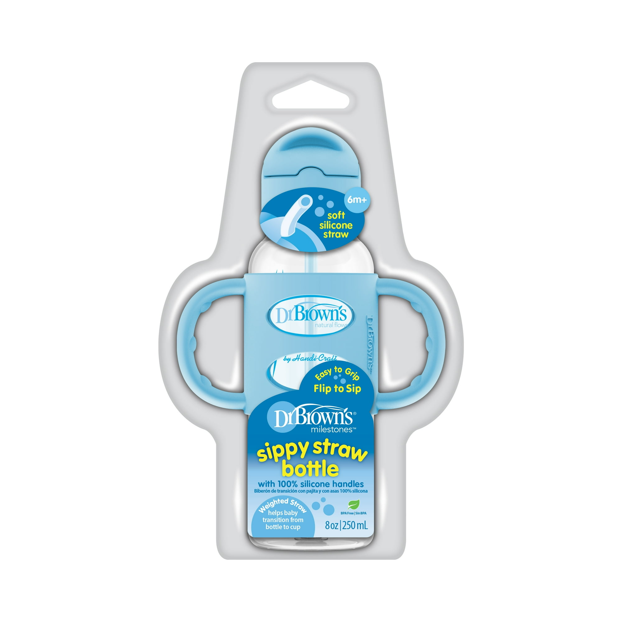 Dr. Brown's Milestones Narrow Sippy Straw Bottle, Spill-Proof with 100% Silicone Handles and Weighted Straw, 8 oz/250 mL, Blue, 6m+
