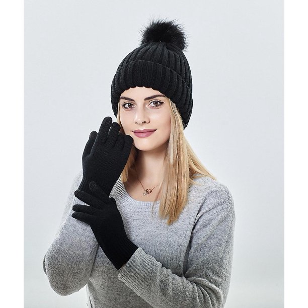 Taian Gorro de invierno para mujer Gorro con pompón de felpa sintética con forro de algodón Gorro de calavera de punto grueso y cálido para mujer, guantes de lana con pantalla táctil cálida para exteriores Sombrero de dos piezas ZefeiWu 8390605294969