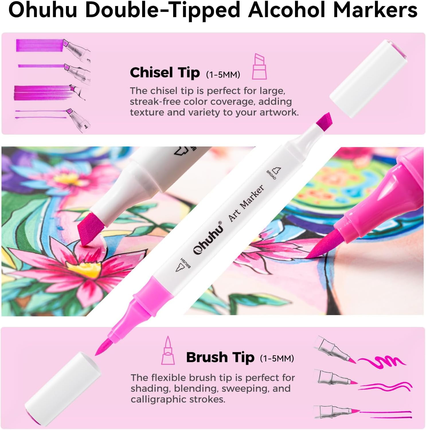 Ohuhu 48 Alcohol-Based Art Markers, Double Tipped Brush & Chisel, Unique Grip for Illustration & Sketch