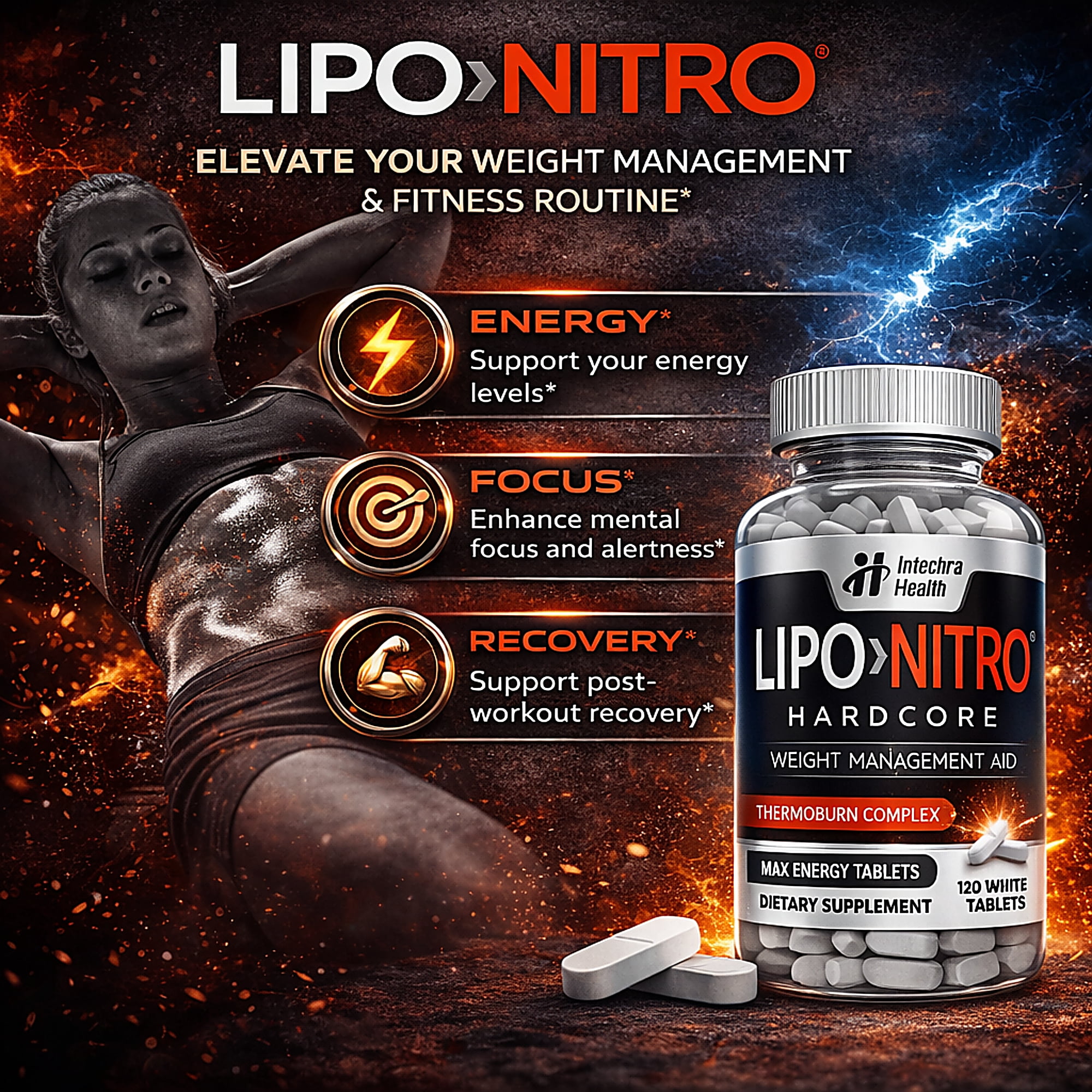LIPO>Ni-TRO Best Diet Pills for Weight Management & Powerful Energy - 120 White Tablets