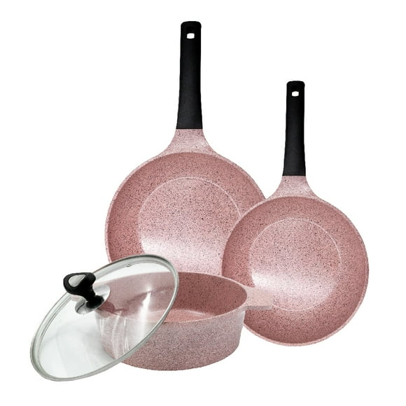 Batería De Cocina Sweet Cherry Con Recubrimiento Antiadherente De Cerámica Y Diseño Marmoleado Color Rosa 4 piezas- Queen Sense
