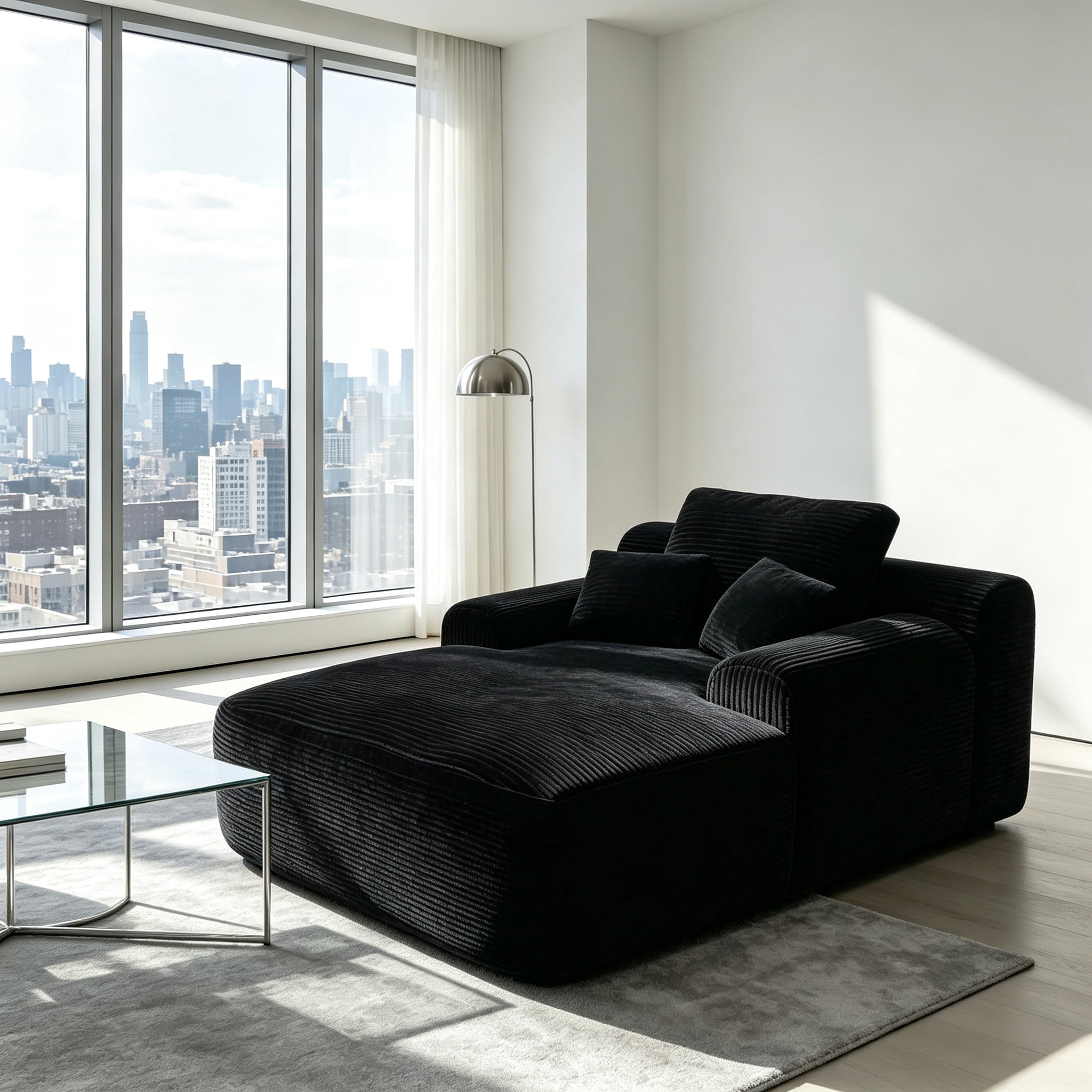 ShiKeyi 65'' Oversized Chaise Lounge Chair Indoor, Boneless Sofa Cloud Deep Seat Sleeper Sofa Bed, Plush Corduroy Chaise Couch with Pillows, No Assembly Required, Black