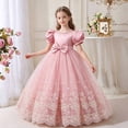 thumbnail image 4 of Girls Puff Sleeve Bow Ball Gown Dress Embroidered Mesh Floor Length Birthday Party Pageant Princess Dress (7-8 Y, Pink), 4 of 8