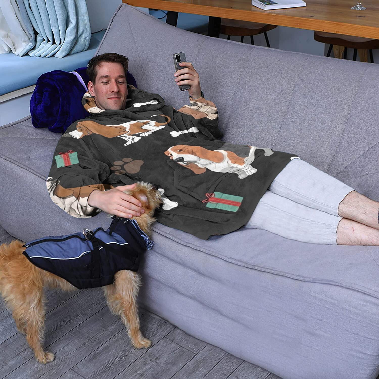 Wearable Oversized Blanket,Basset Hounds with Bones and Presents Wearable Blanket Hoodie for Adults,Cozy Hooded Blankets with Super Pockets,Super Warm Fuzzy Pullover for Women & Men