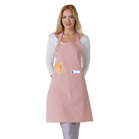 Kitchen Apron, Waterproof Cotton Apron, Adjustable, With Pockets, Available In 10 Colors, Pink Cooking Apron (pink).