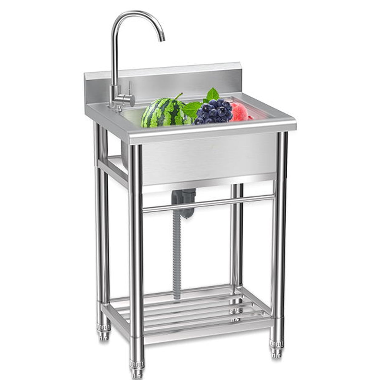 Utility Sink Stainless Steel Free Standing Single Bowl with Cold and Hot Water Pipe - Ideal for Laundry Room, Bathroom, and Farmhouse
