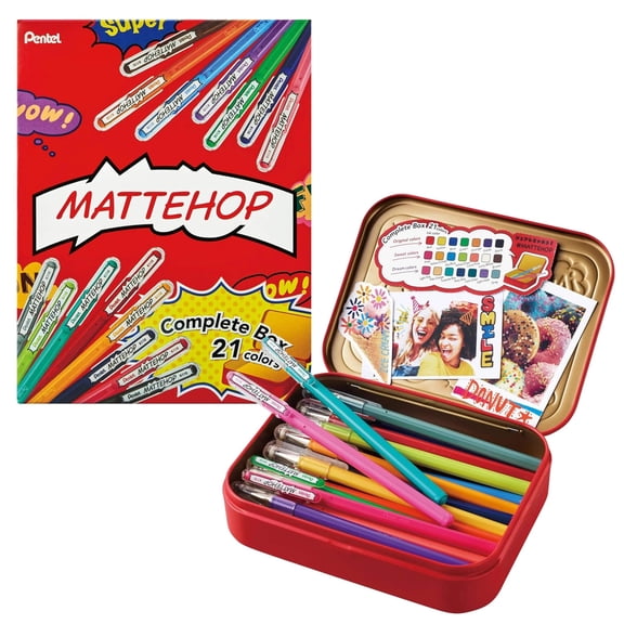 Pentel MATTEHOP Color Gel Pen Set, (1.0 mm), 21 Colors, with Metal Box