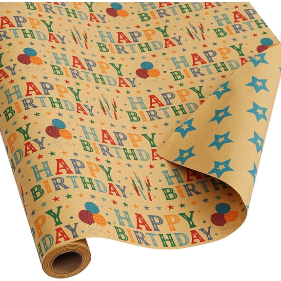 Kraft Birthday Wrapping Paper Roll for Boys Girls Kids Men Women - Reversible Happy Birthday Gift Wrap Paper for Holiday Party - 1 Roll, 17.2 Inch X 33 Feet