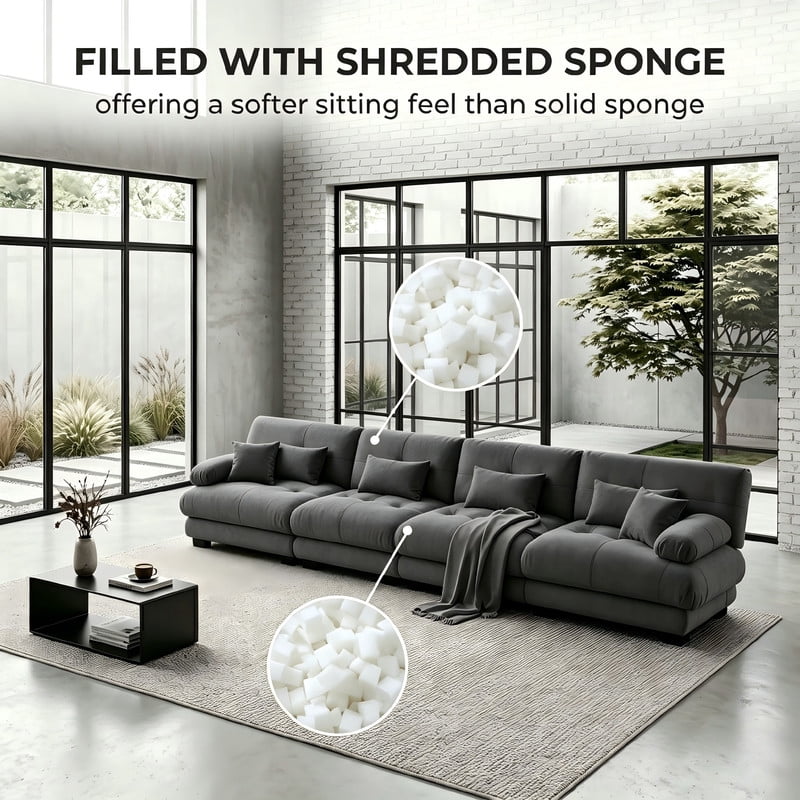 ANPPORT Cloud Couch Sleeper Sofa, Chenille Gray 4-Seater Modular Sofa, 4 Lumbar pillows, 2 Pillows, Comfy Deep Seat Cloud Sofa, Convertible L-Shaped Floor Couch for Living Room