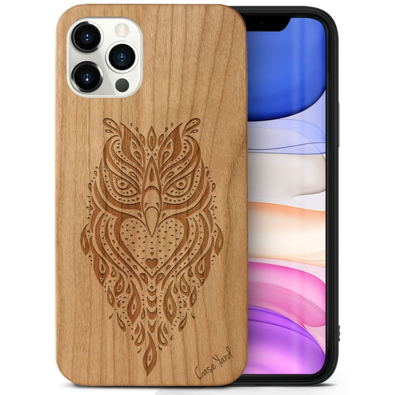 Case Yard Wooden Case Outside Soft TPU Silicone, Slim Fit Shockproof Wood Protective Phone Cover for Girls Boys Men and Women, Supports Wireless Charging Owl 4 Design case for iPhone-12/12-Pro