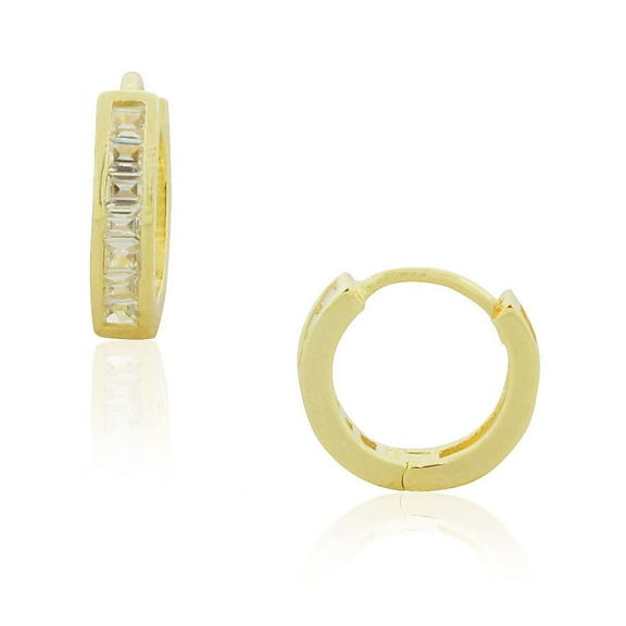 925 Sterling Silver Yellow Gold-Tone Clear Baguette CZ Huggie Hoop Earrings, 0.35"