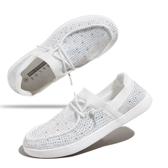 LUCKY STEP Rhinestone Loafers Shoes Comfort Slip On Mesh Knit Walking Shoes,White,Womens