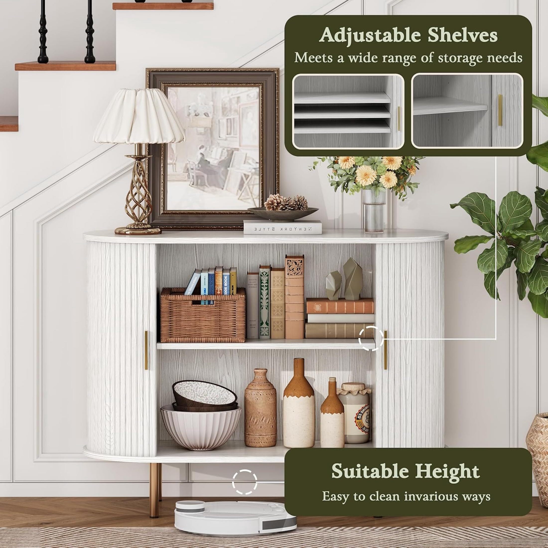 Aisword Sideboard Buffet Cabinet with Storage,Mid Century Modern Fluted Accent Coffee Bar Console Table,Tambour Sliding Doors& Adjustable Shelf for Kitchen, Living Room, Entryway, 40 Inch White
