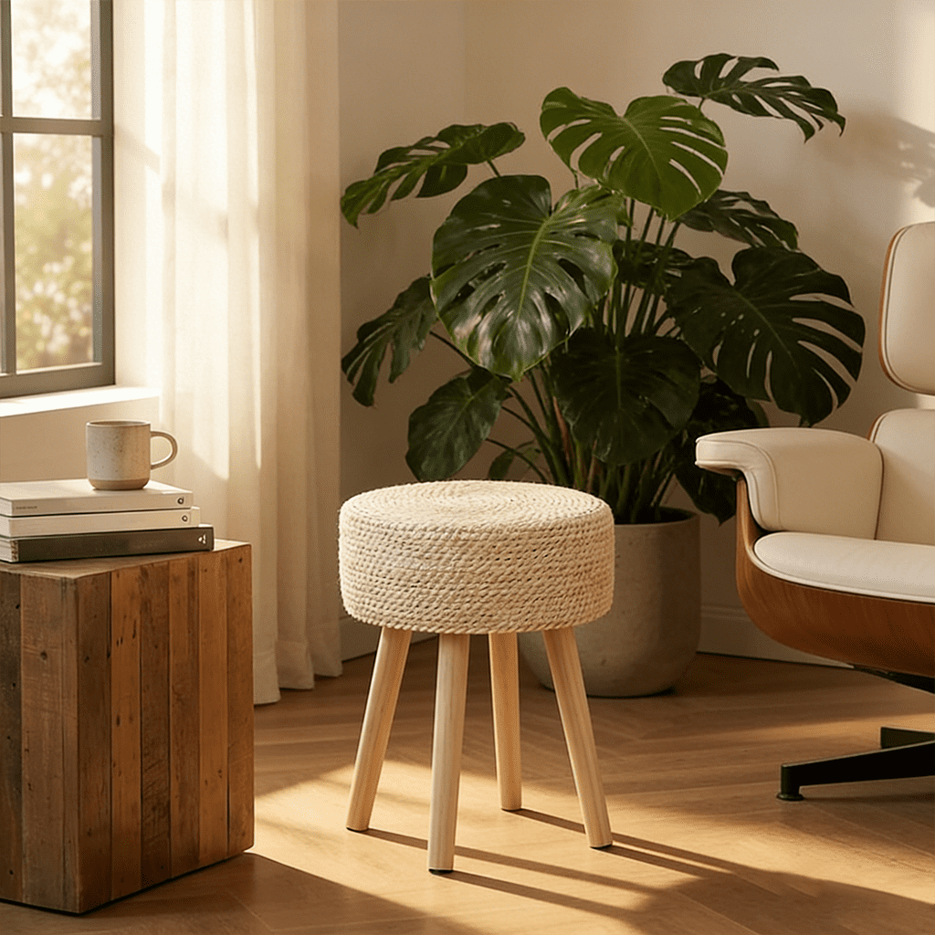 Casa Pura Furniture Round Ottoman Footstool Hand Woven Hyacinth Natural Seagrass Solid Wood Legs Off-White 13" L x 13" W x 16.3" H