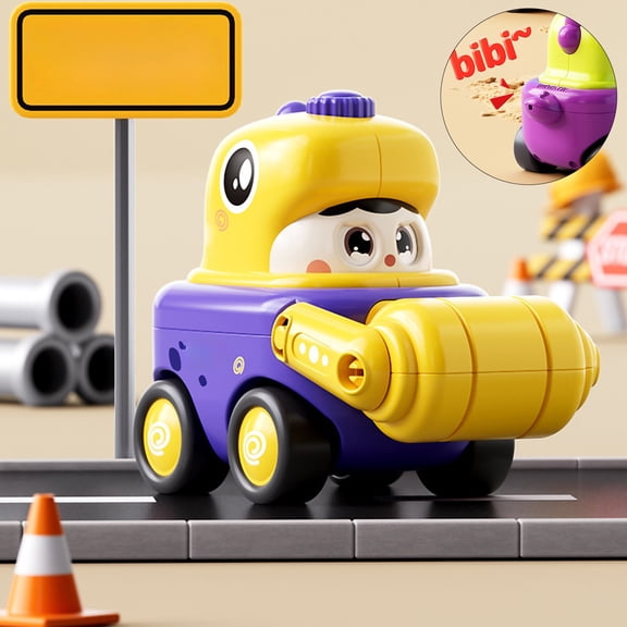 STROLA Press and Go Dinosaur Construction Truck Toy for 1-3 Year Olds, Face Changing Excavator Vehicle with Whistle and Moving Joints, Yellow