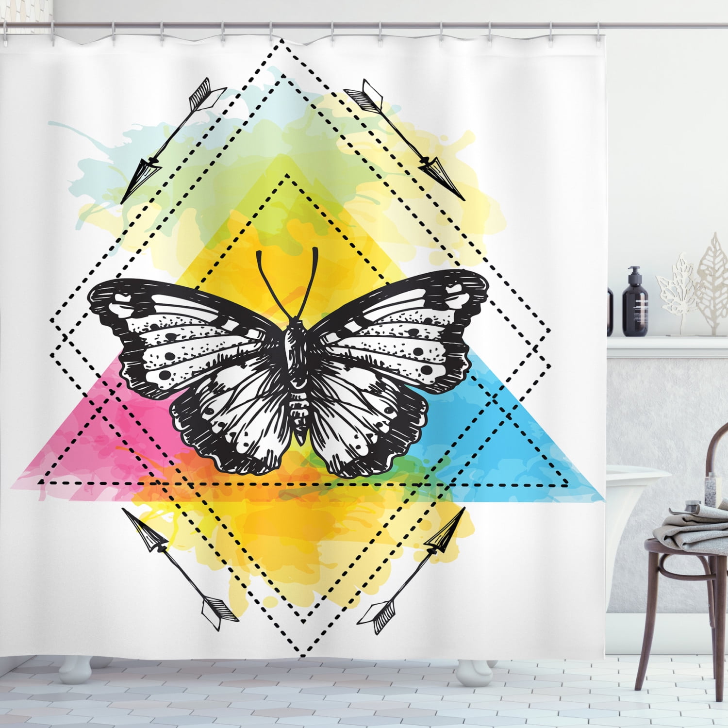 Entomology Shower Curtain, Artwork of Geometric Shapes and a Butterfly