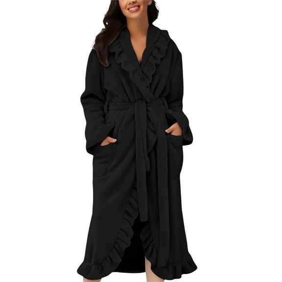 Fluffy Robe, Hugcore Women's Hooded Fleece Towelling Dressing Gown Women's Bathrobe Lightweight Sauna Gown House Coat Long Bathrobe Plush Long Robes for Women Black L