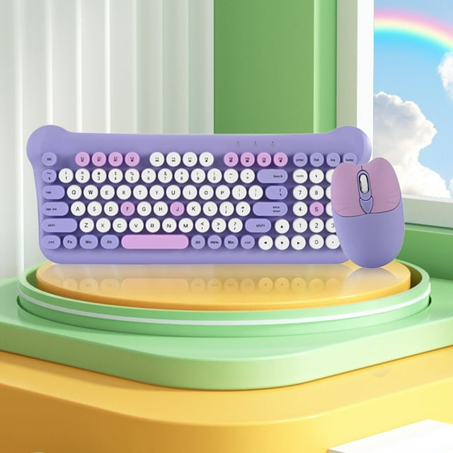 Bdday Clavier et Souris Sans Fil Rétro Coloré à Capuchon Rond Ensemble Ordinateur de Bureau PC Portable Clavier Sans Fil Universel Économie d'Énergie Intelligente