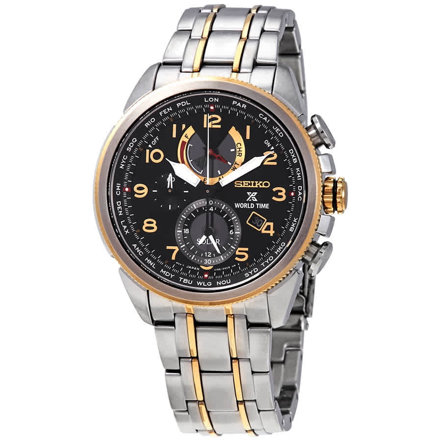 seiko men's prospex world time solar chronograph silvertone watch