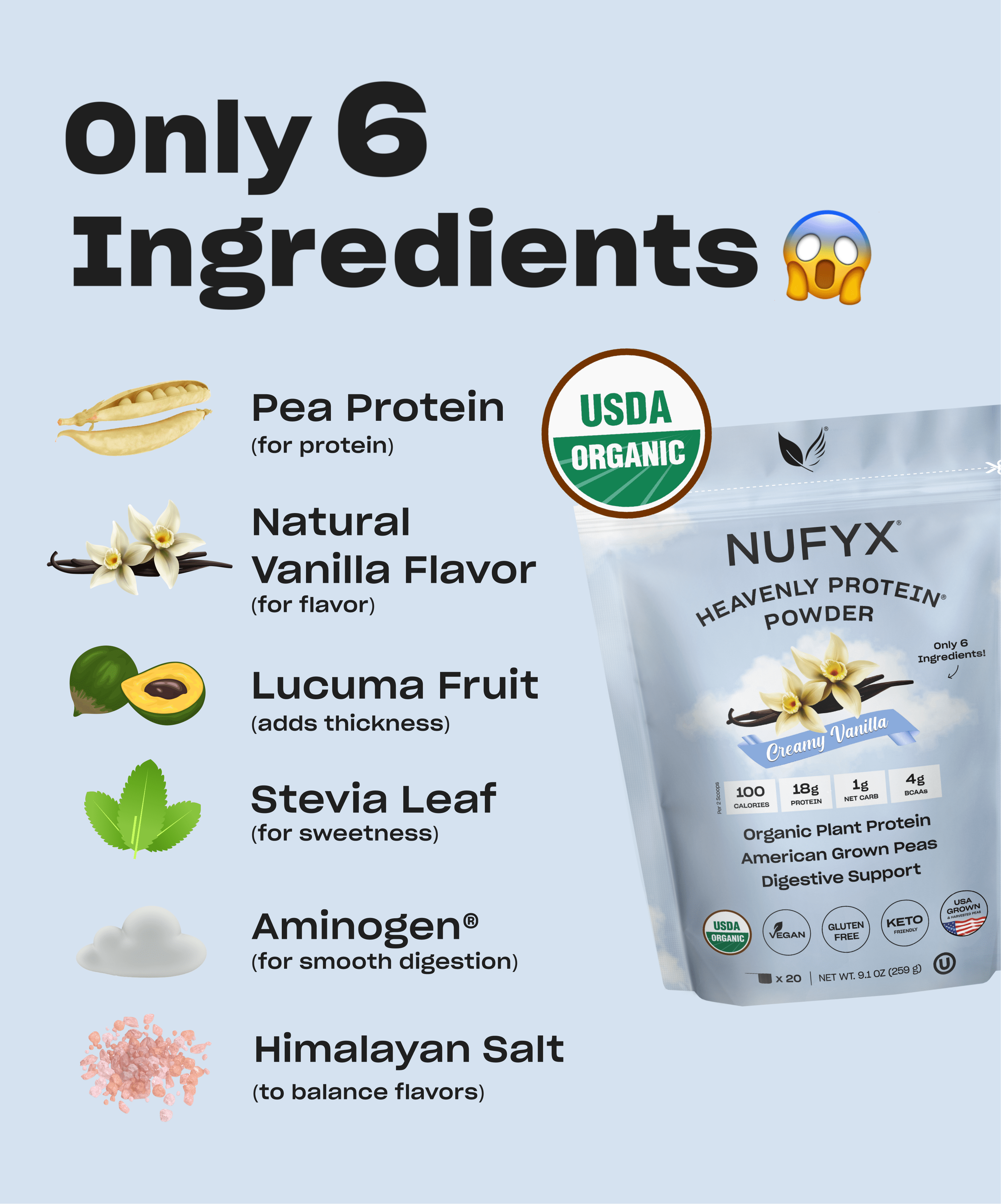 NUFYX® Heavenly Protein® Powder - Family Friendly Smoothie & Baking Mix - With 100% USA Grown Organic Peas - Clean - Vegan - Smooth Digestion, Creamy Vanilla 20 Scoops.