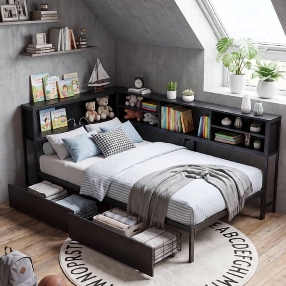 Full Size Daybed with Storage Drawers and Bookcase Headboard, Metal Platform Bed with LED Lights and Charging Station for Bedroom, Black