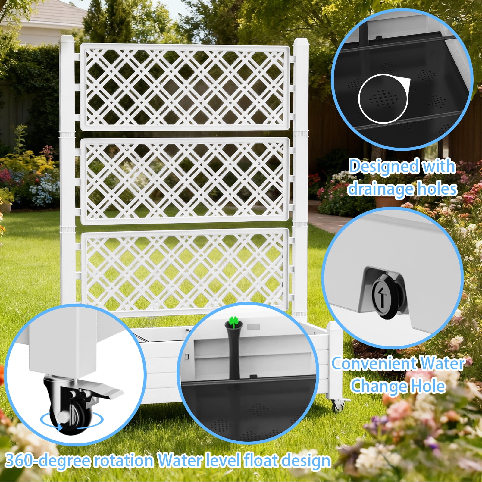 MAYEERTY Raised Garden Bed with Trellis Wheel, Freestanding Planter Box with Built-In Water Storage for Climbing Plants Vegetables Flowers Garden Yard