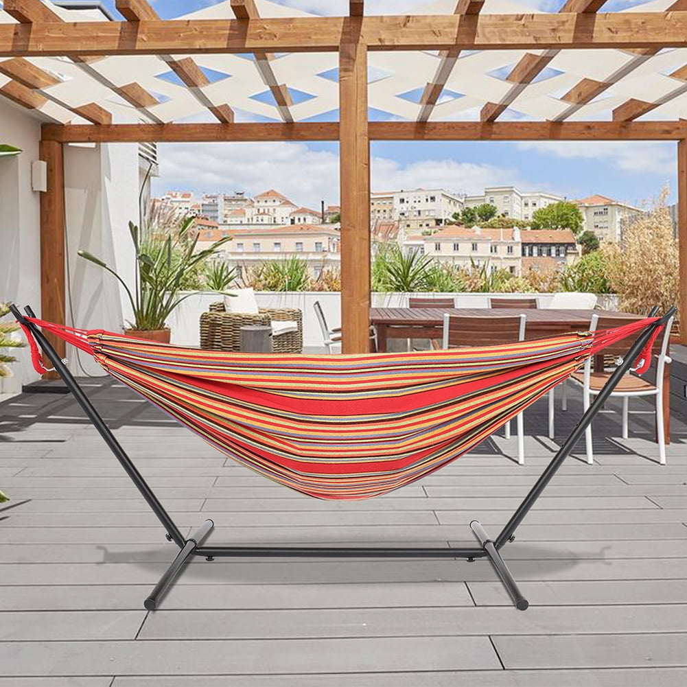 Private Jungle 9ft Steel Pipe Hammock Frame with Cotton Hammock, Natural Rope Iron Hammock Set For Garden, Outdoor, Red Private Jungle 9ft Steel Pipe Hammock Frame with Cotton Hammock, Natural Rope Iron Hammock Set For Garden, Outdoor, Red