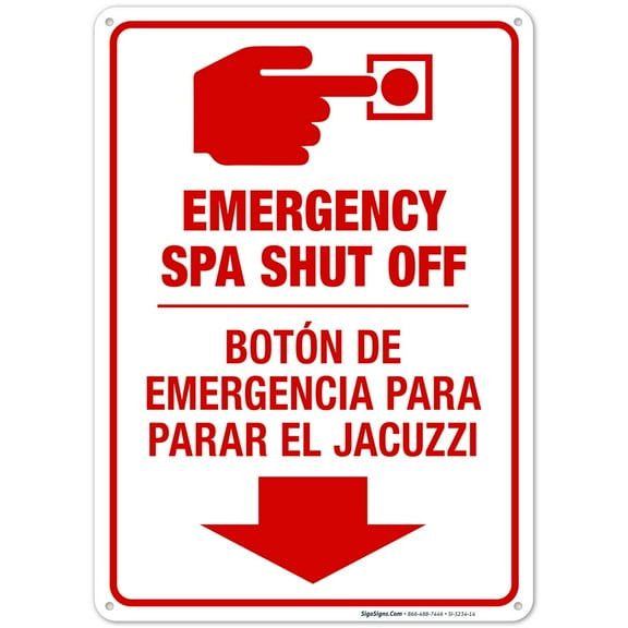 Emergency Spa Shut Off Sign, Bilingual English Spanish, 10x14 Aluminum