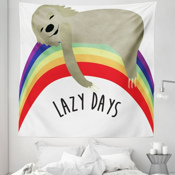 Sloth Tapestry, Lazy Days Phrase with Carefree Sloth on Rainbow Happiness Relaxation Theme, Fabric Wall Hanging Decor for Bedroom Living Room Dorm, 5 Sizes, Multicolor, by Ambesonne