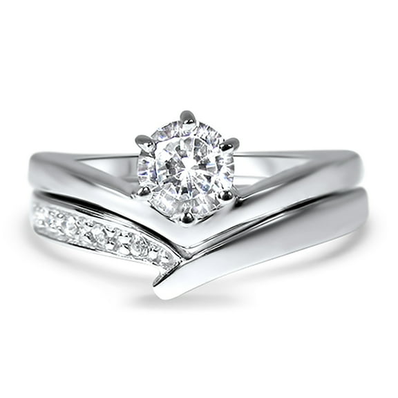 Solitaire Round CZ Wedding Ring Set Simulated Diamond Bridal Set Platinum Plated Sterling Silver for Women Size 7