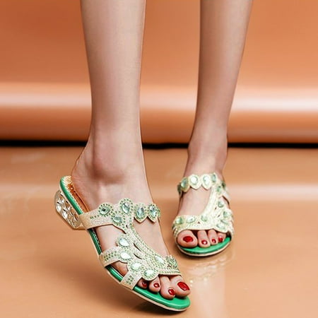 

Women Shoes Women s Spring And Summer Sandals And Slippers Thick Heel Fashion Low Heel Rhinestone Casual Shoes Green 8.5