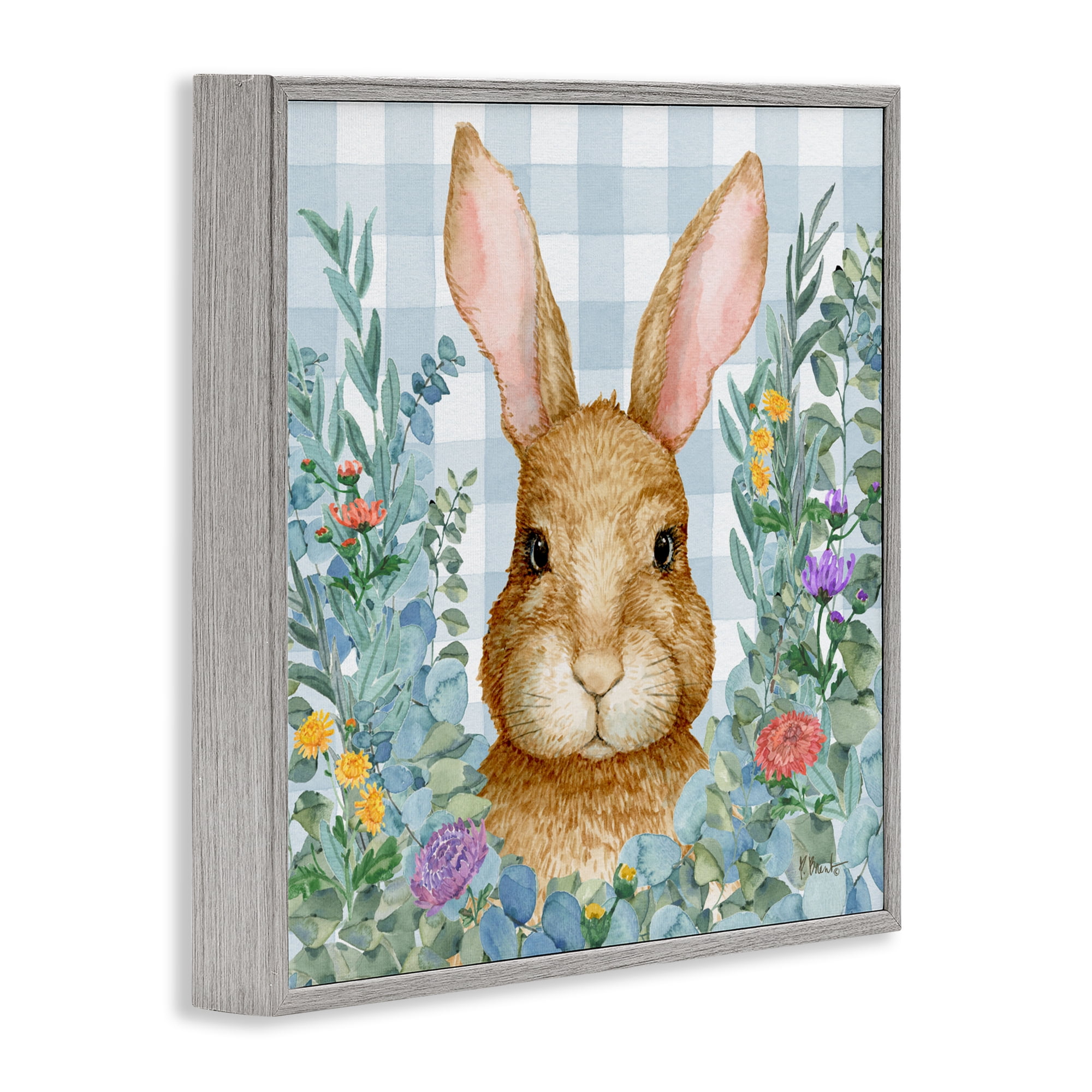 Stupell Industries Rabbit Laurel on Gingham Gray Framed Giclee Art, design by Paul Brent